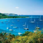 Caribbean island harbor with sailboats